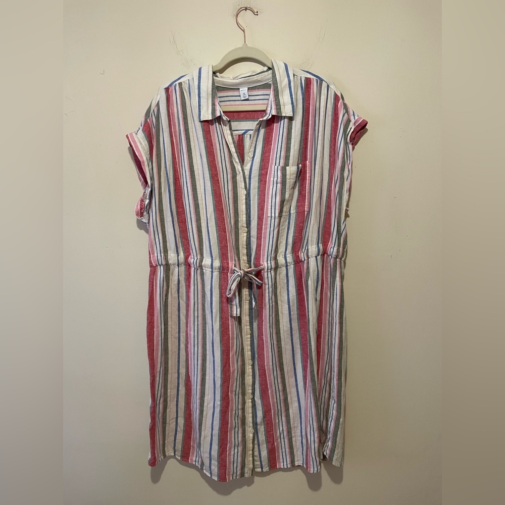 OLD NAVY Multicolored Striped Linen Dress with Draw Tie Waist. India. Size 2X.